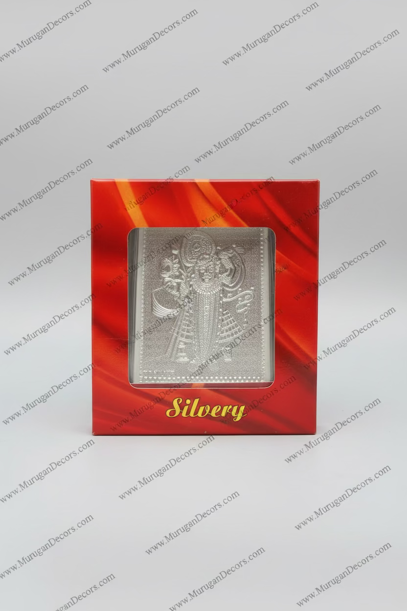 Shop online USA 999 Pure Silver Shreenathji Photo Frame 3x3 inch in designer gift box. Perfect return gift for Janmashtami, Krishna Jayanthi & housewarming. Ships USA. at MuruganDecors