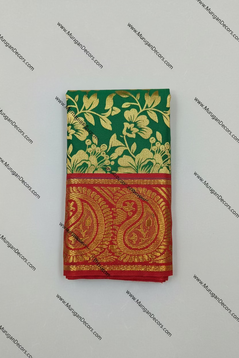 Shop Deity Dress/Amman Pavadai decoration A red and green silk saree with gold zari paisley and floral motifs in USA at MuruganDecors