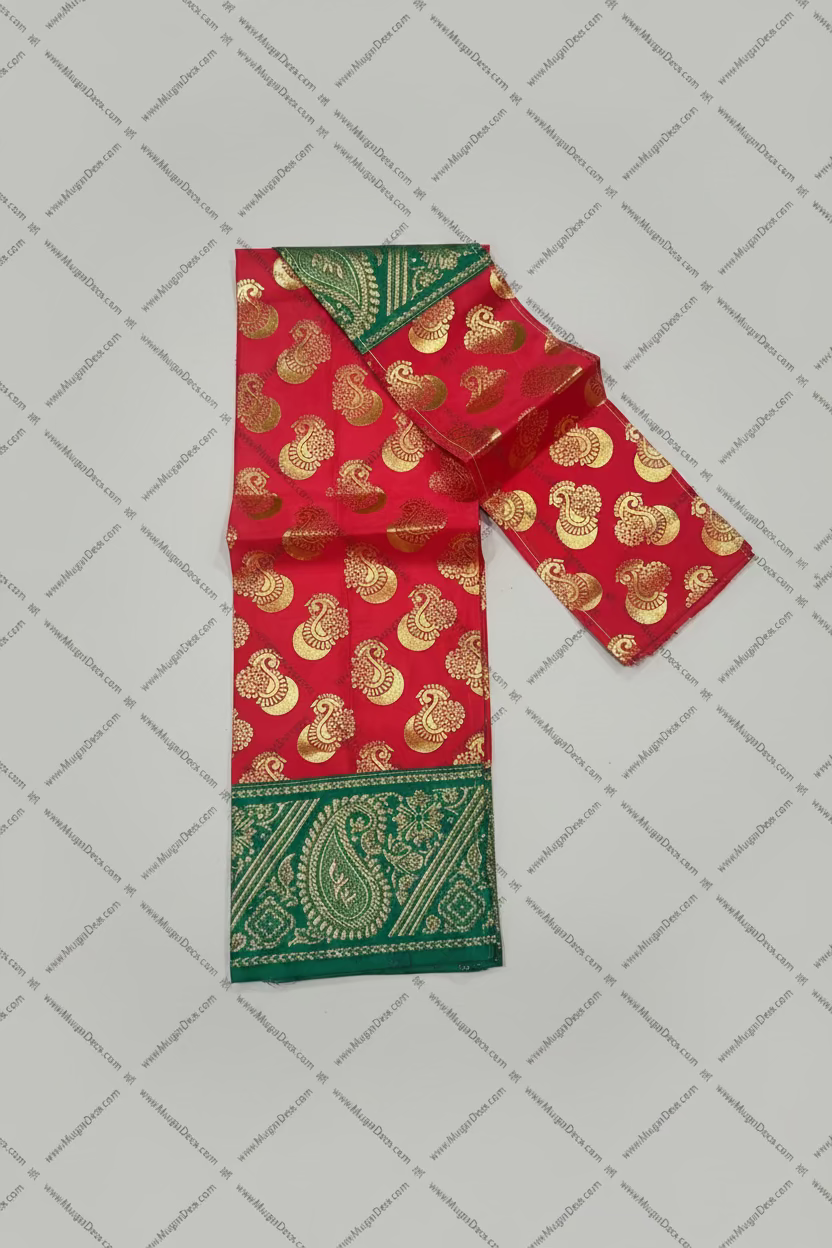 Shop Deity Dress/Amman Pavadai decoration A red and green silk saree with gold zari paisley and floral motifs in USA at MuruganDecors