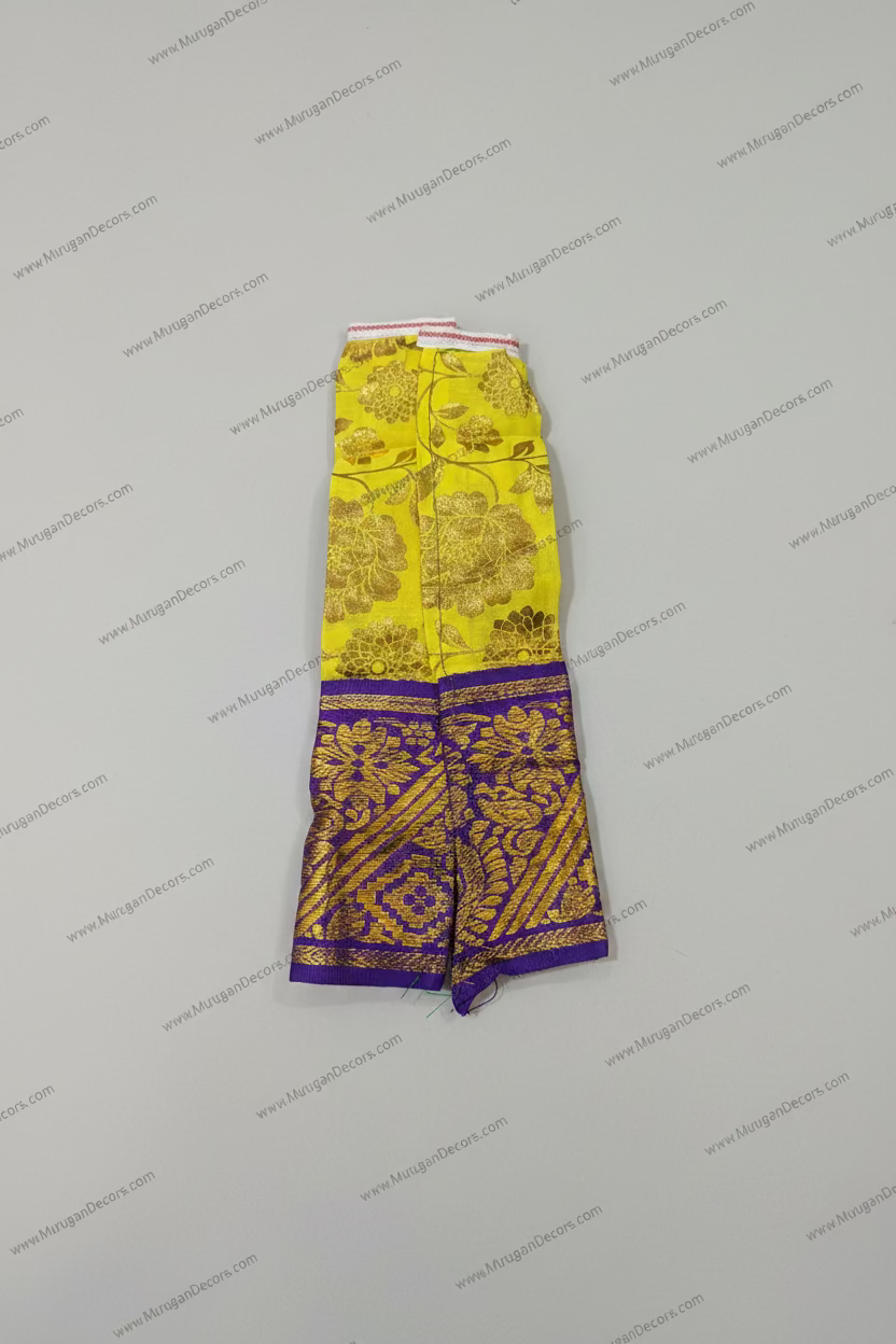 Shop Deity Dress/Amman Pavadai decoration Yellow and Blue silk saree with gold zari paisley and floral motifs in USA at MuruganDecors
add ww.MuruganDecors.com 