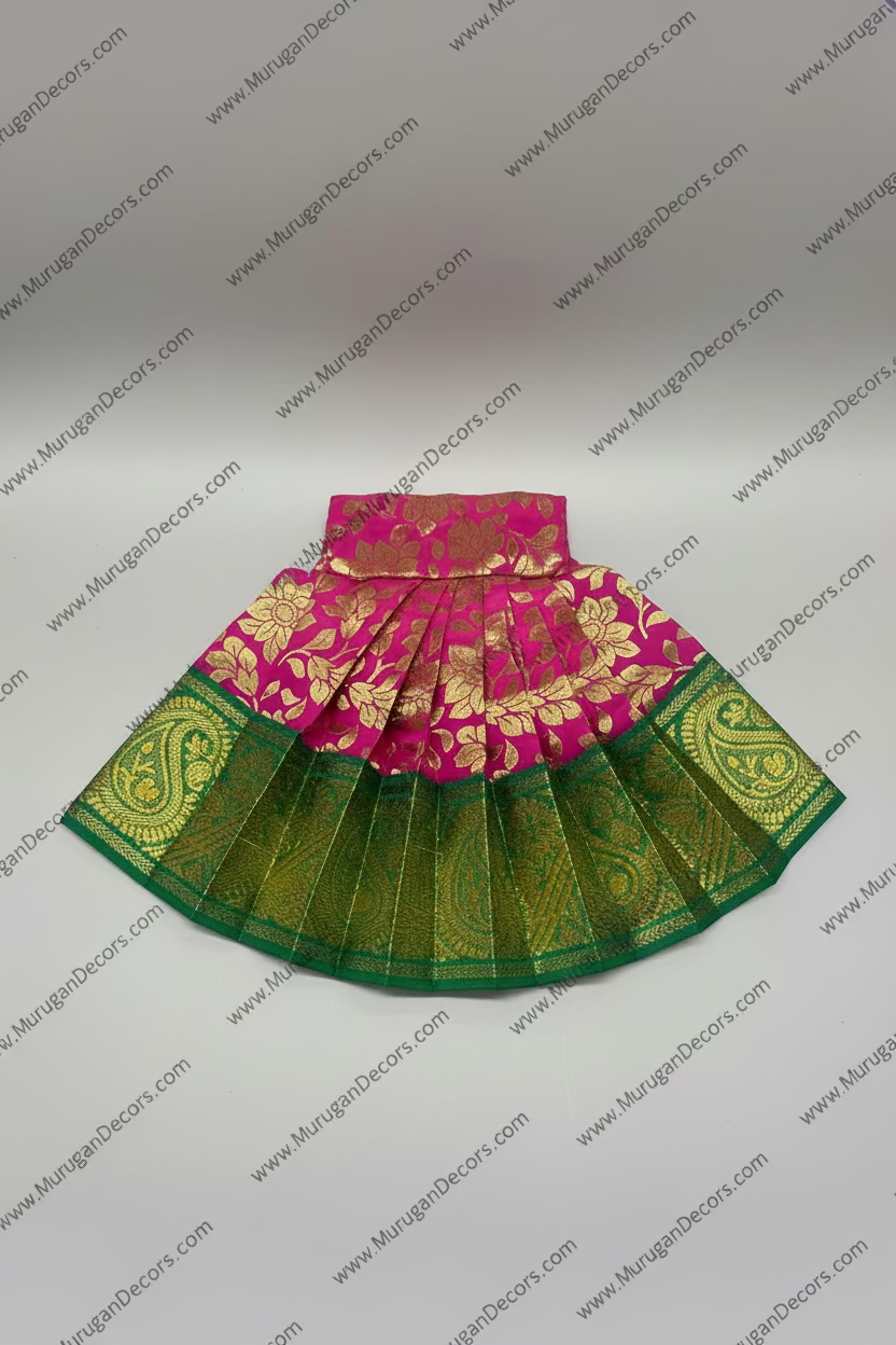 Shop Deity Dress/Amman Pavadai decoration A pink and green silk saree with gold zari paisley and floral motifs in USA at MuruganDecors
