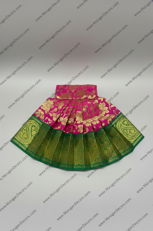 Shop Deity Dress/Amman Pavadai decoration A pink and green silk saree with gold zari paisley and floral motifs in USA at MuruganDecors
