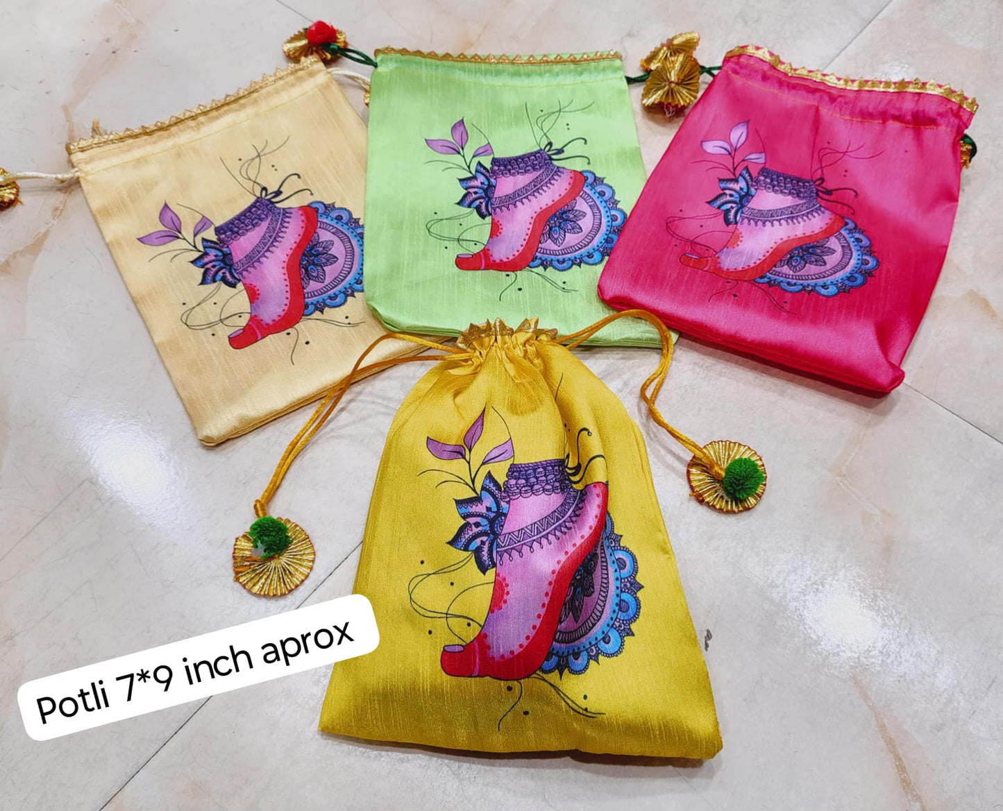 Silk Potli Gift Bag with Bharatanatyam Dancing Feet and Salangai Print – Arangetram Return Gift Bag in Yellow, Green, Pink and Cream Colors – 7x9 inch approx