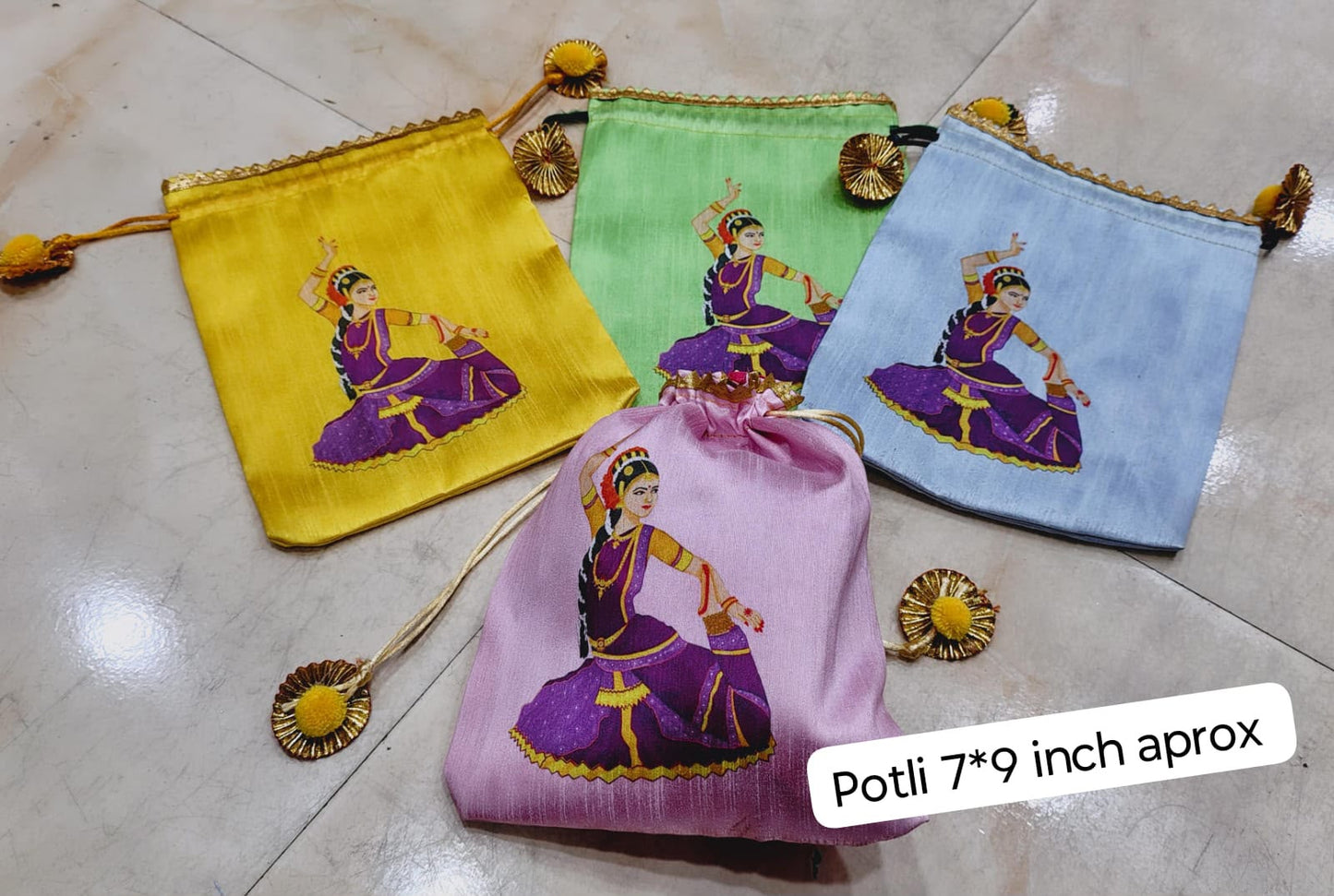 Silk Potli Gift Bag with Indian Bharatanatyam Dancing Girl Print – Arangetram Return Gift Bag in Yellow, Green, Blue and Pink Colors – 7x9 inch approx