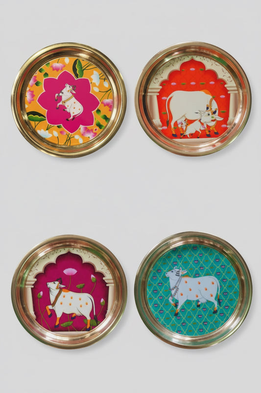 Shop Pichwai printed brass plate cow design for housewarming and pooja return gifts in USA at MuruganDecors