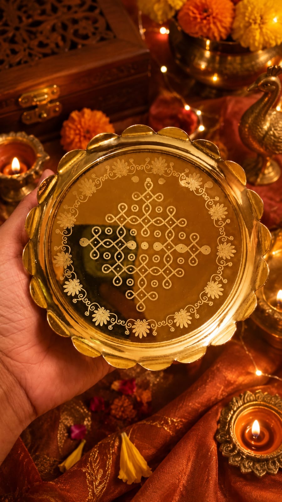Pure Brass Lotus Stand | Kolam Design God Idol Stand | 4 & 5 Inch | Pooja & Return Gift