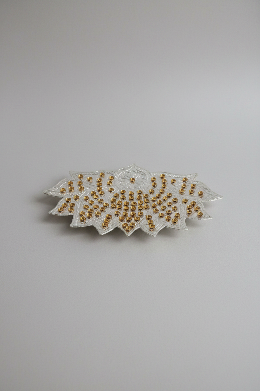 German Silver Lotus Ashtotram Stand with 108 Gold Flowers – Ashtalakshmi Pooja Decor