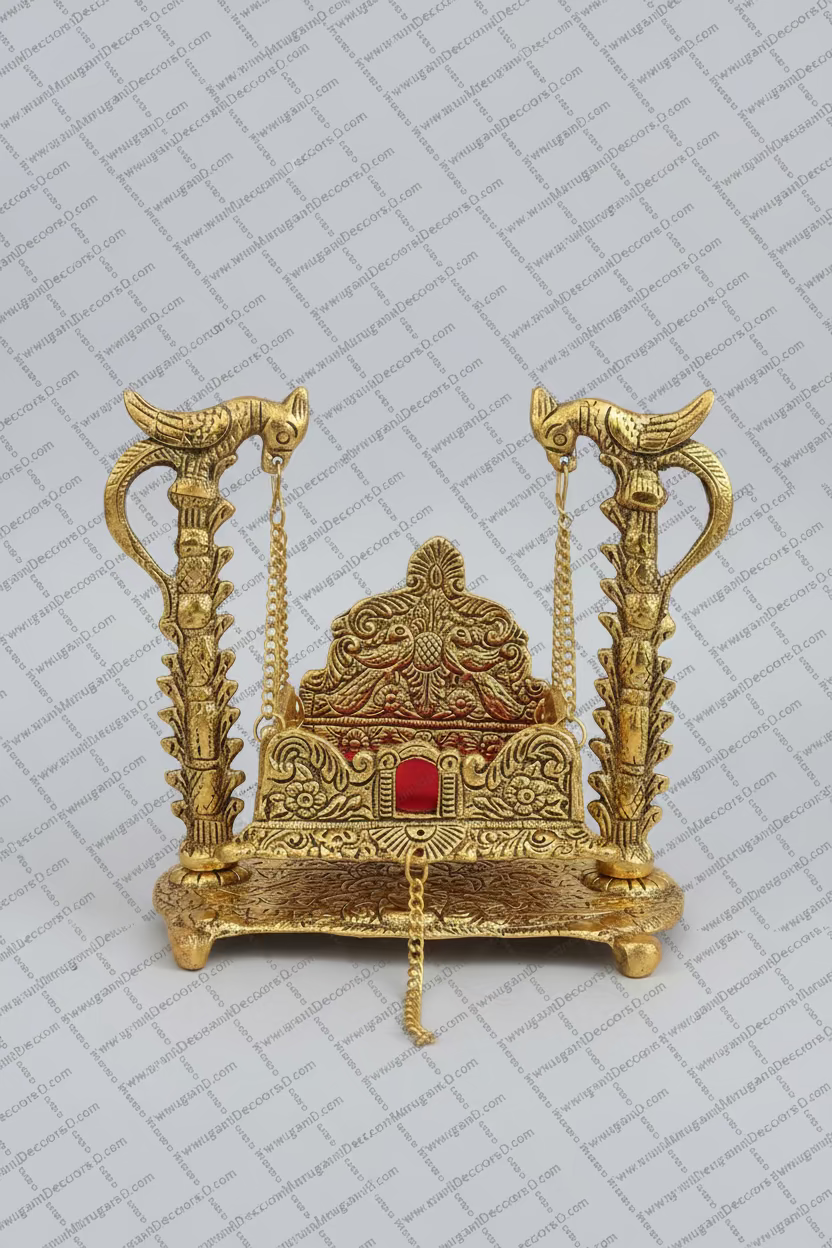 Buy Golden Krishna Jhula (Gopal Palana) for Laddu Gopal idols. Decorative metal Bal Gopal swing for mandir, puja room & Janmashtami celebrations. Available in 7" & 9" sizes. Shop online USA MuruganDecors