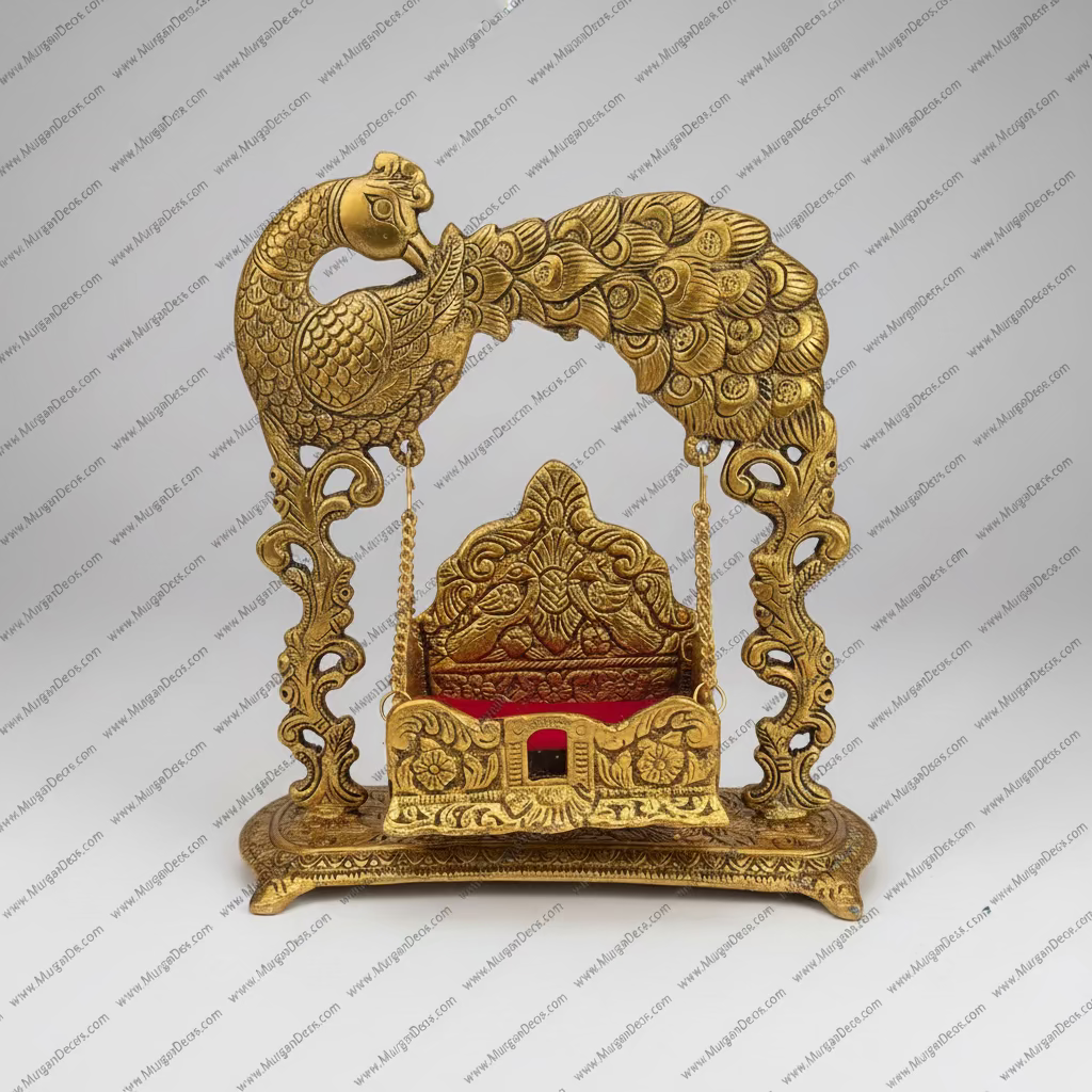 Buy Golden Krishna Jhula (Gopal Palana) for Laddu Gopal idols. Decorative metal Bal Gopal swing for mandir, puja room & Janmashtami celebrations. Available in 7" & 9" sizes. Shop online USA MuruganDecors