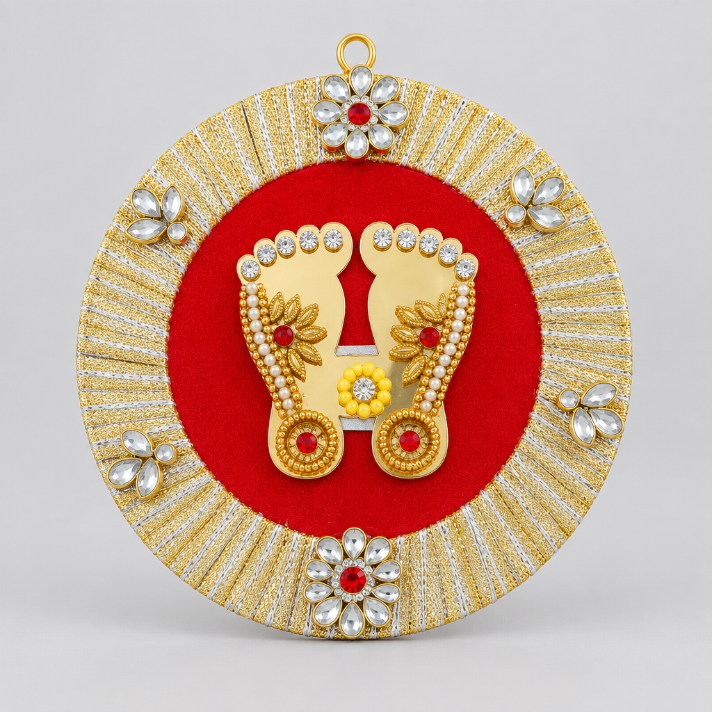 Acrylic Red Round Lakshmi Charan Paduka Feet Sticker – 5 inches || Diwali, Ganesh Chaturthi, Indian Festival Decor & New Year Decoration Gift