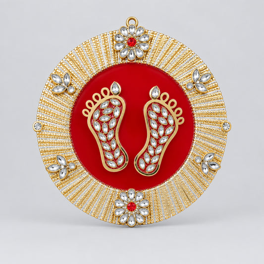 Acrylic Red Round Lakshmi Charan Paduka Feet Sticker – 5 inches || Diwali, Ganesh Chaturthi, Indian Festival Decor & New Year Decoration Gift