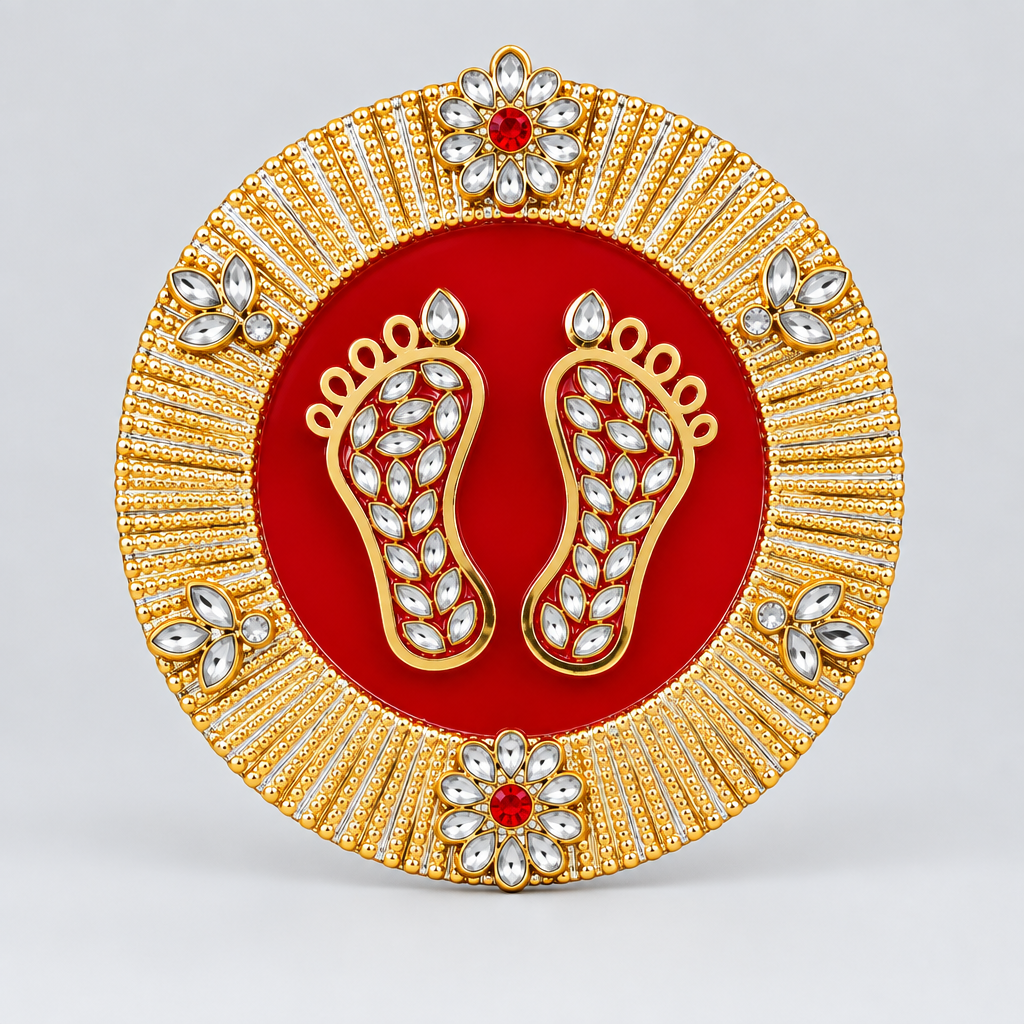 Acrylic Red Round Lakshmi Charan Paduka Feet Sticker – 5 inches || Diwali, Ganesh Chaturthi, Indian Festival Decor & New Year Decoration Gift