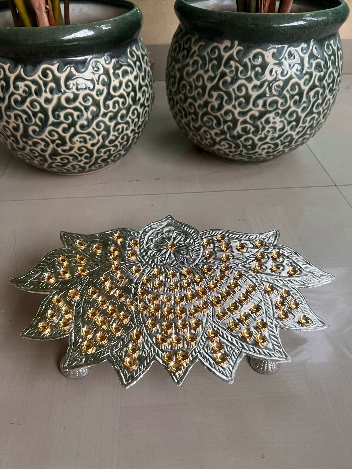 German Silver Lotus Ashtotram Stand with 108 Gold Flowers – Ashtalakshmi Pooja Decor