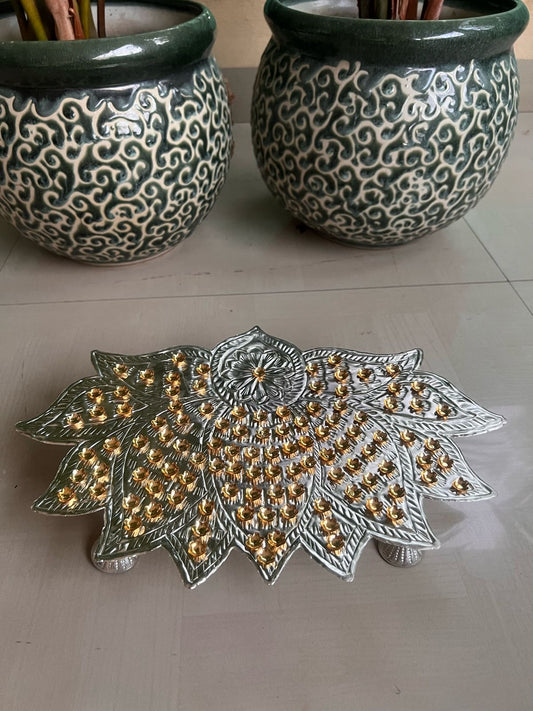 German Silver Lotus Ashtotram Stand with 108 Gold Flowers – Ashtalakshmi Pooja Decor