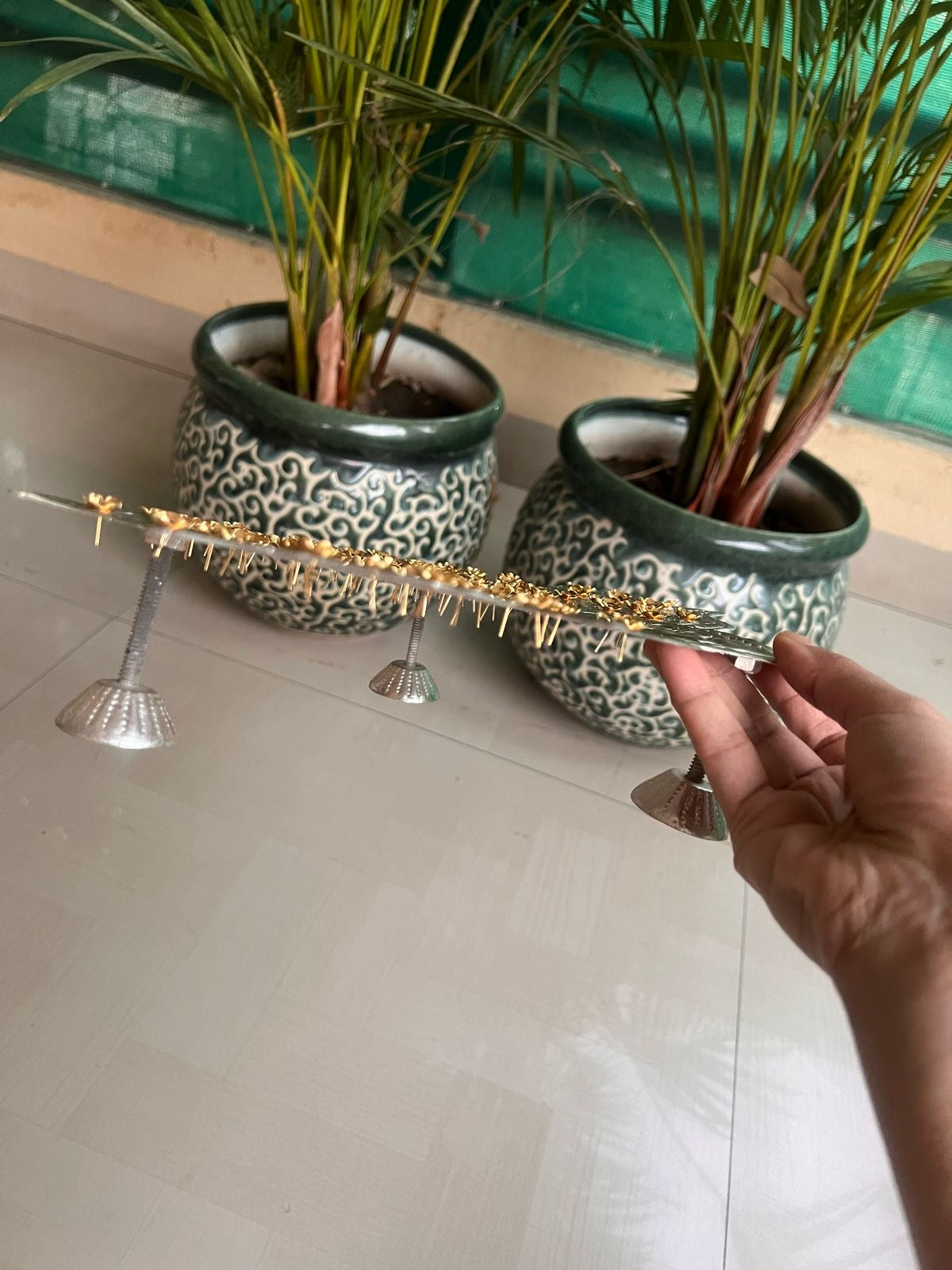 German Silver Lotus Ashtotram Stand with 108 Gold Flowers – Ashtalakshmi Pooja Decor