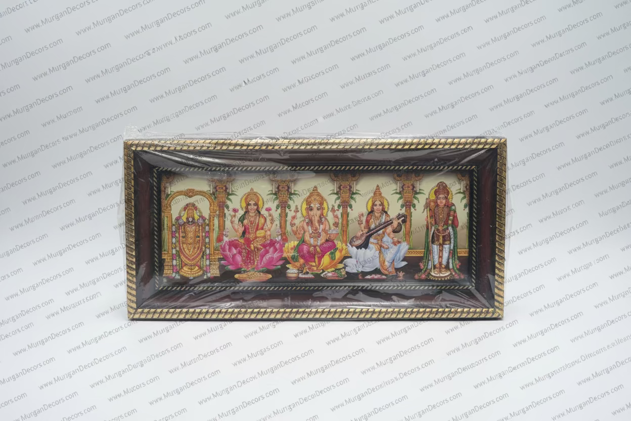 Shop a sacred 5 Hindu Gods Photo Frame featuring Lakshmi, Ganesha, Saraswati, Balaji &amp; Murugan. Perfect for housewarming pooja, mandir decor &amp; spiritual gifting in USA at MuruganDecors