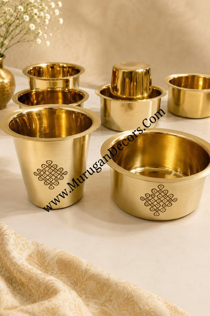 Shop Brass Coffee Dabara cup set with Kolam design for Housewarming return gifts online at Murugan Decors USA 