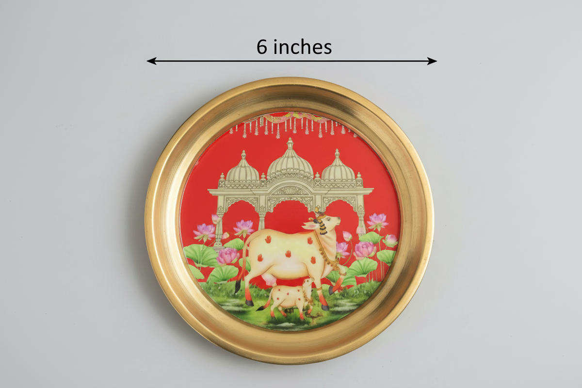 Shop  Brass plates with Cow print 6 inch pooja return gifts at MuruganDecors USA