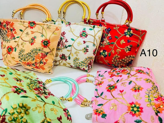 Buy Embroidary silk Handbag Colorful handbags with floral patterns Wedding favors and festival return gifts online USA at MuruganDecors