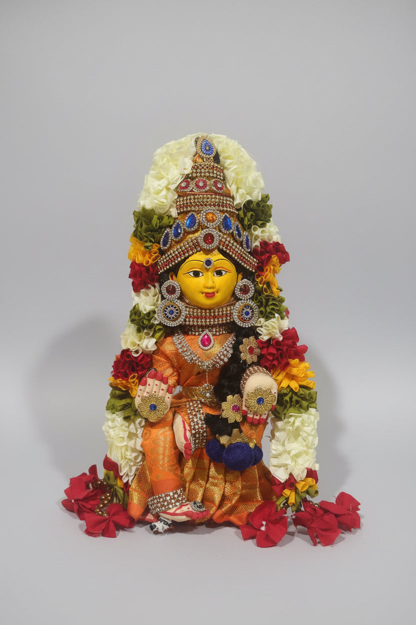 Fully Decorated Varalakshmi Amman Idol with Jewelry & Saree – 14 Inch | Varalakshmi Pooja USA