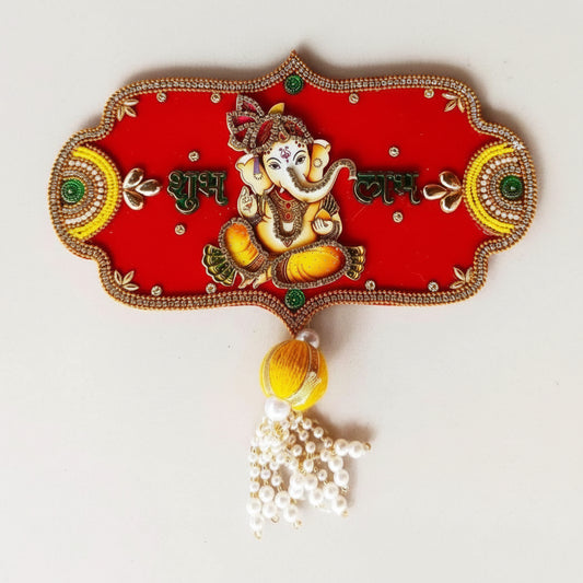 Acrylic Ganesha & Lakshmi Shubh Labh Sticker Decoration – Arch Design with Beads, Stones & Golden Tassels | Diwali, Navratri, Ganesh Chaturthi, Golu Festival & Housewarming Décor
