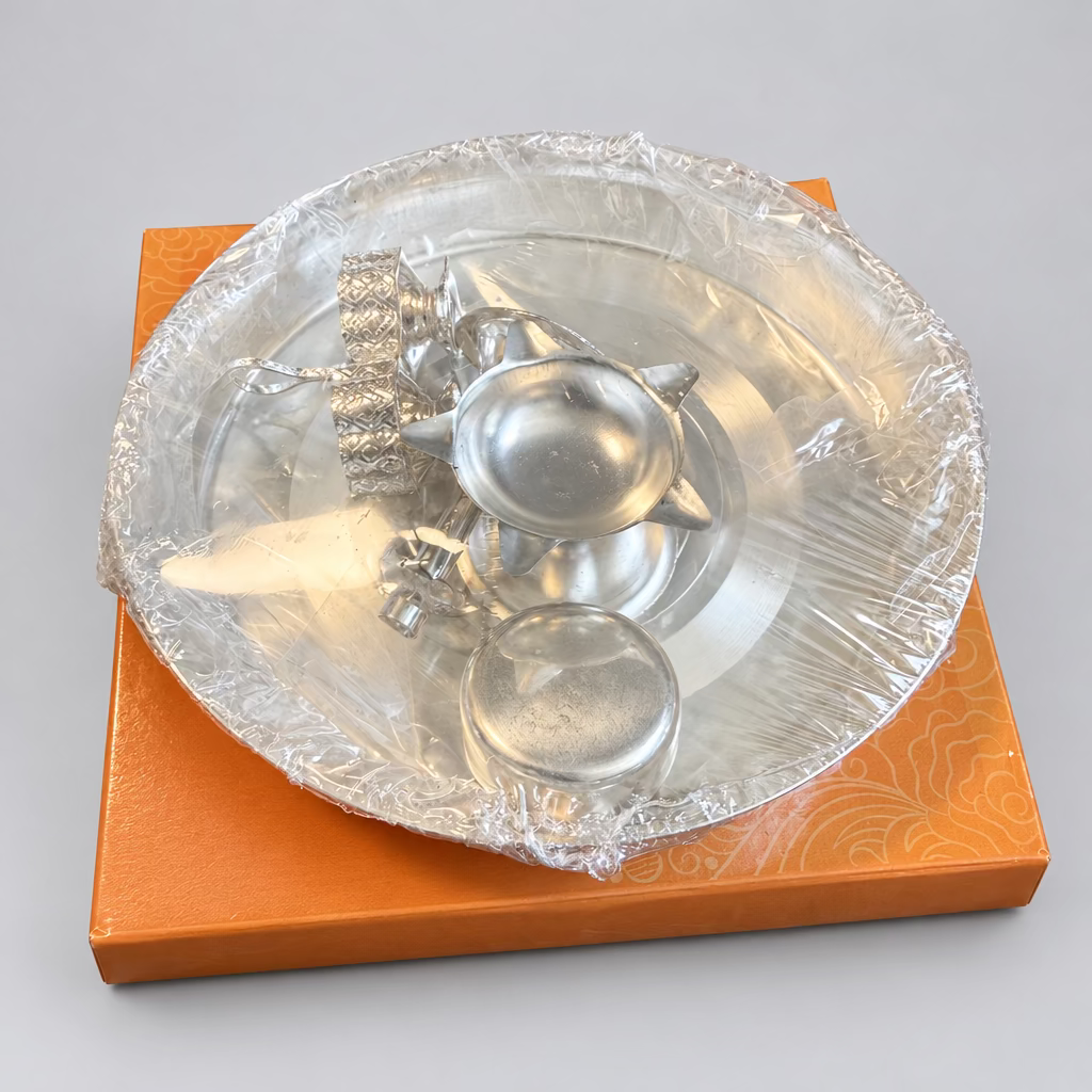 5-piece German Silver Plated Pooja Thali Set |(6 Inch) | Indian Pooja Thali plate Favor,| housewarming Gift| Wedding Favors