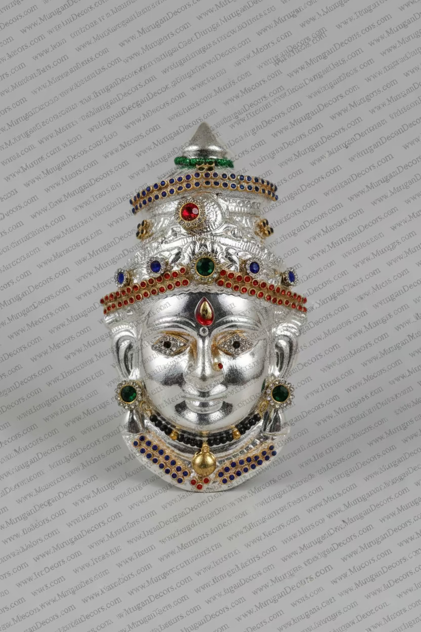 Buy German silver white metal  Stone decorated Varalakshmi amman ammavaru face in USA at MuruganDecors