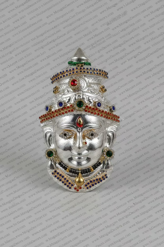 Buy (Stone-decorated silver face with colorful gems and crown): German Silver White Metal Varalakshmi Amman Face with Colorful Stone Decoration and Crown – 6 Inch Lakshmi Mugam for Varalakshmi Pooja – MuruganDecors USA