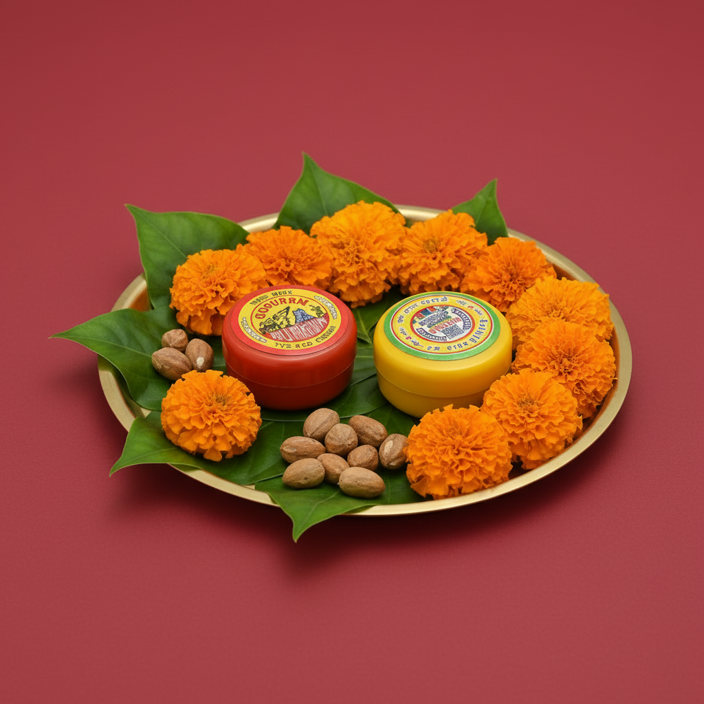 Gopuram Haldi Kumkum leaf with yellow thread Packets, beetal leave Thambulam set