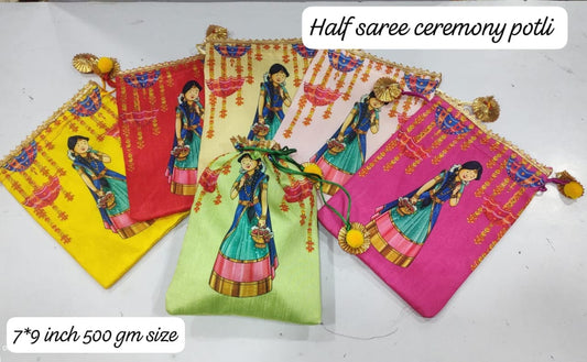 Four colorful fabric half saree ceremony potlis with printed traditional Indian female figures, displayed on a white background. Text overlays indicate 'Half saree ceremony potli' and '7*9 inch 500 gm size'.