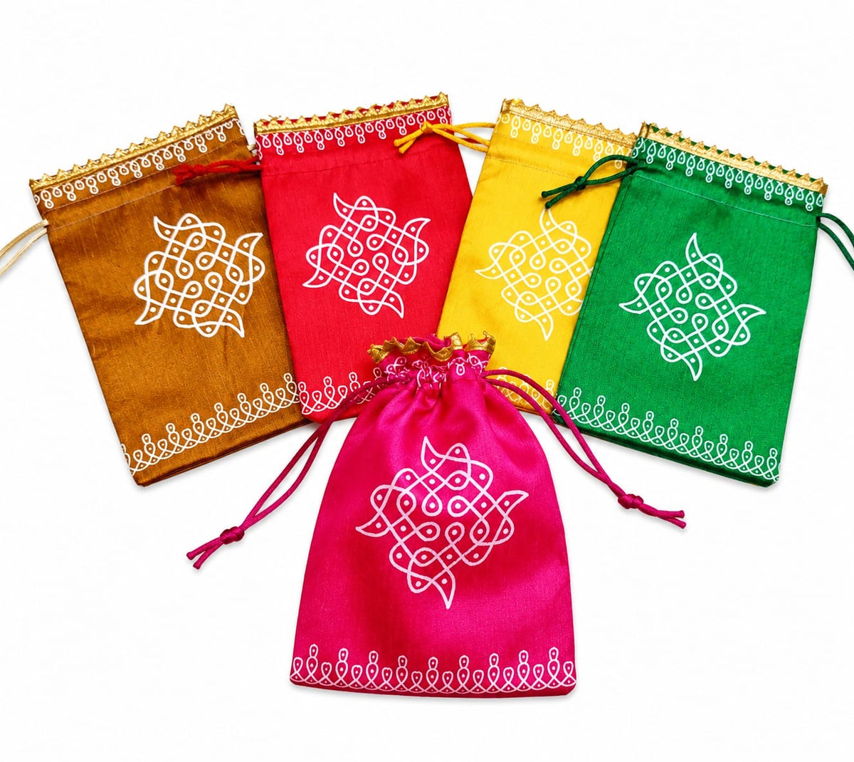Silk Printed Potli Gift Bag | 7*9 Inches|Kolam Design | Navaratri, Pooja & Golu Festival Return Gift Bag – MuruganDecors USA