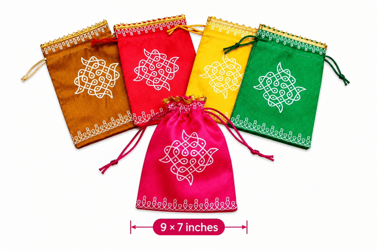 Silk Printed Potli Gift Bag | 7*9 Inches|Kolam Design | Navaratri, Pooja & Golu Festival Return Gift Bag – MuruganDecors USA