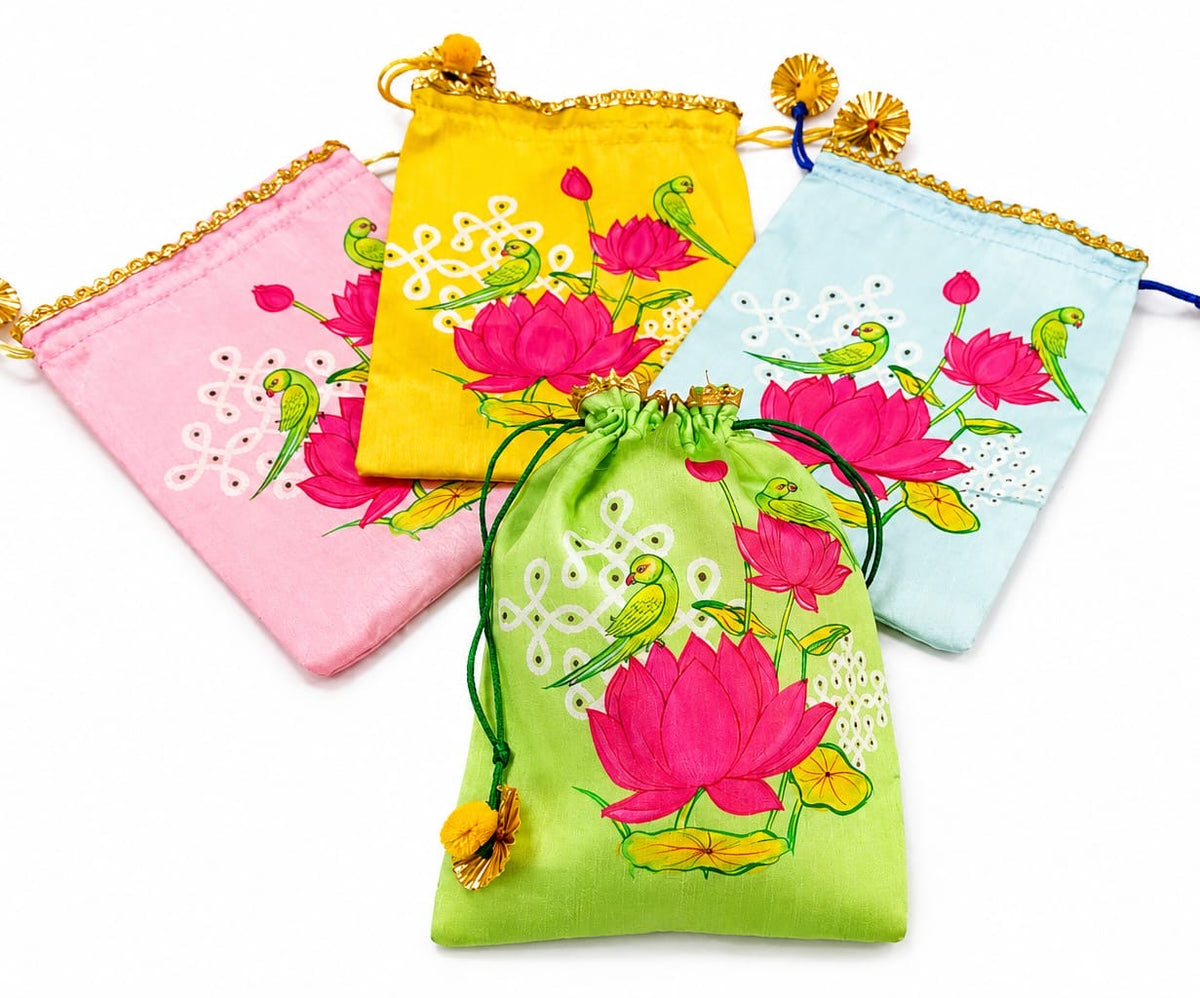 Silk Printed Potli Gift Bag | 7*9 Inches|Lotus Parrot Design | Navaratri, Pooja & Golu Festival Return Gift Bag – MuruganDecors USA