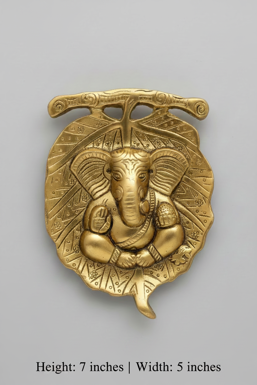 Elegant Gold Lord Ganesha on Gold Leaf Wall Hanging Showpiece (7 x 5 Inches) – Decorative Statue & Return Gift for Ganesh Chaturthi, Diwali, Housewarming & Pooja Favor