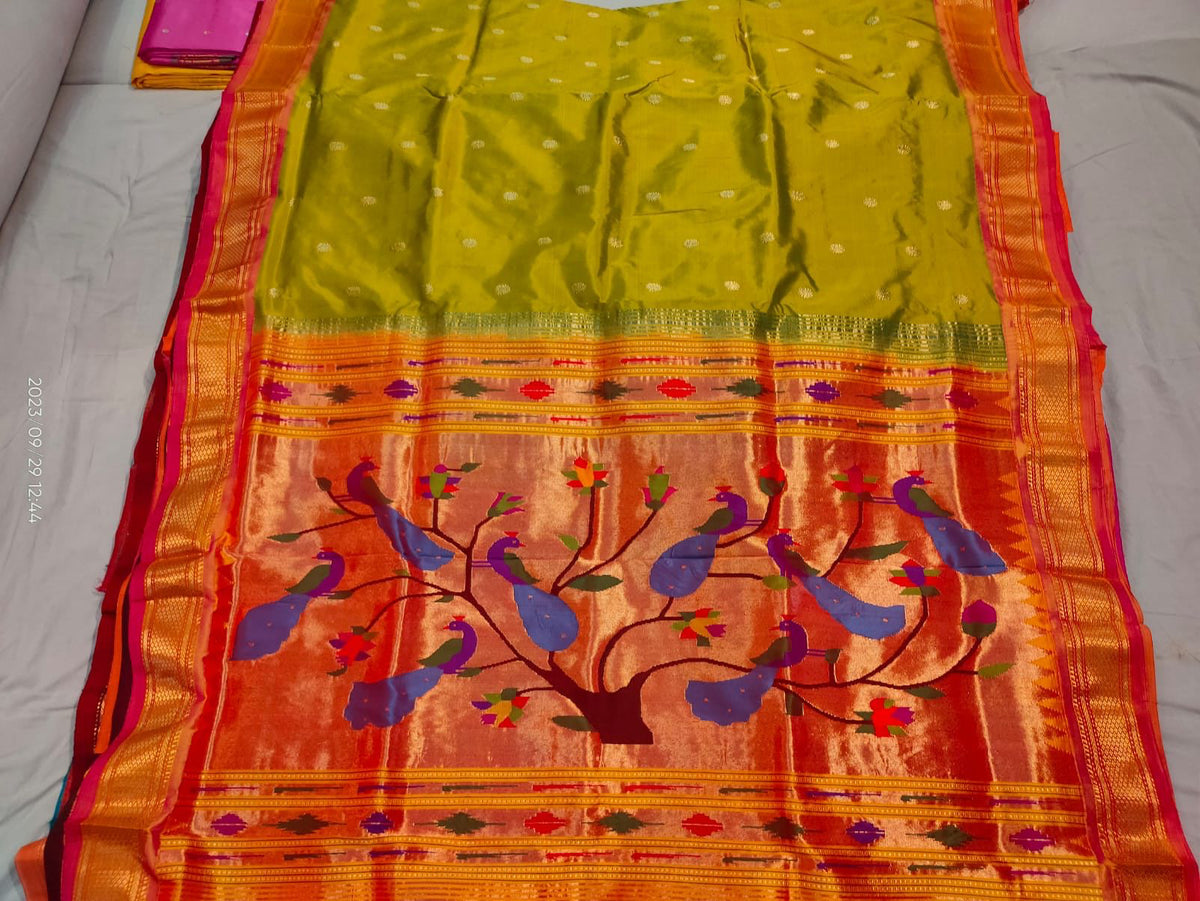 Shop Moss Green Pasi Pachai color Pure Paithani Silk Saree online USA at MuruganDecors