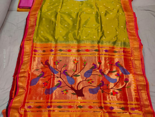 Shop Moss Green Pasi Pachai color Pure Paithani Silk Saree online USA at MuruganDecors