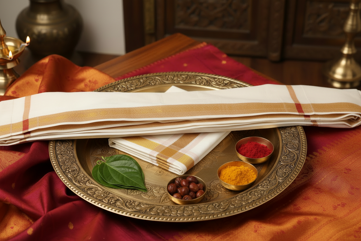 Shop Silk Dhoti and Ankavastram for Pooja and Housewarming , and Indian wedding in USA at Murugan Decors
