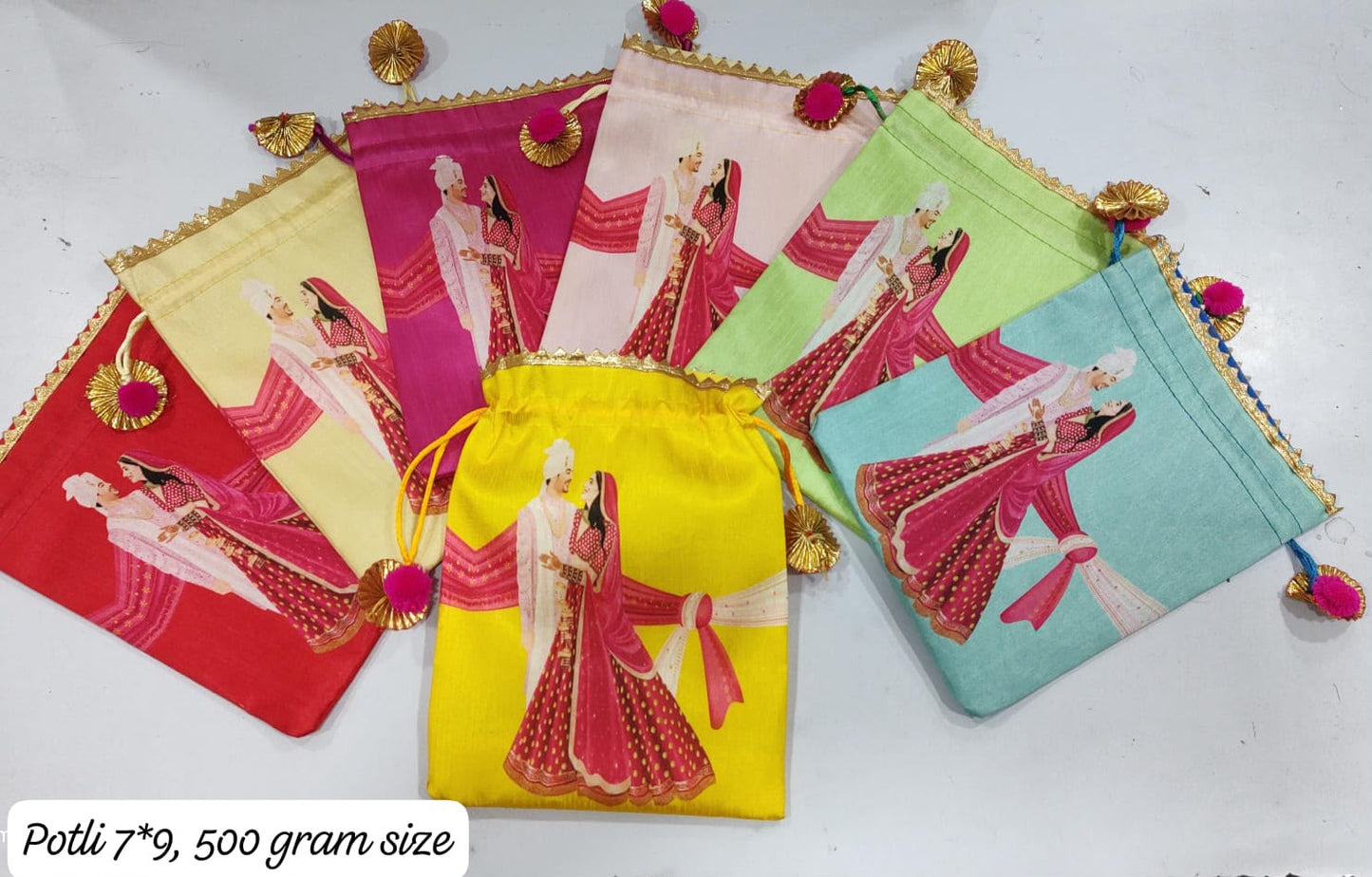 Silk Potli Favor Bags - Haldi Mehndi Wedding Return Gift |printed Girl & boy dancing | Haldi design Potli Bag | Indian Wedding Favors haldi ceremony Gifting-USA