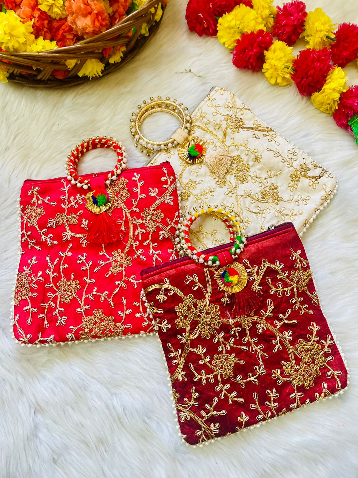 Buy Red embroidered Silk Zip bag with beeds handle for Indian Festival pooja wedding gifting in USA at MuruganDecors