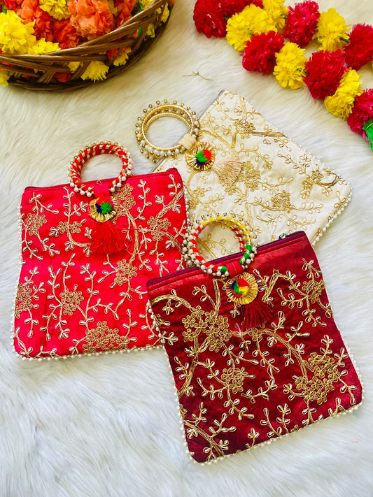 Buy Red embroidered Silk Zip bag with beeds handle for Indian Festival pooja wedding gifting in USA at MuruganDecors