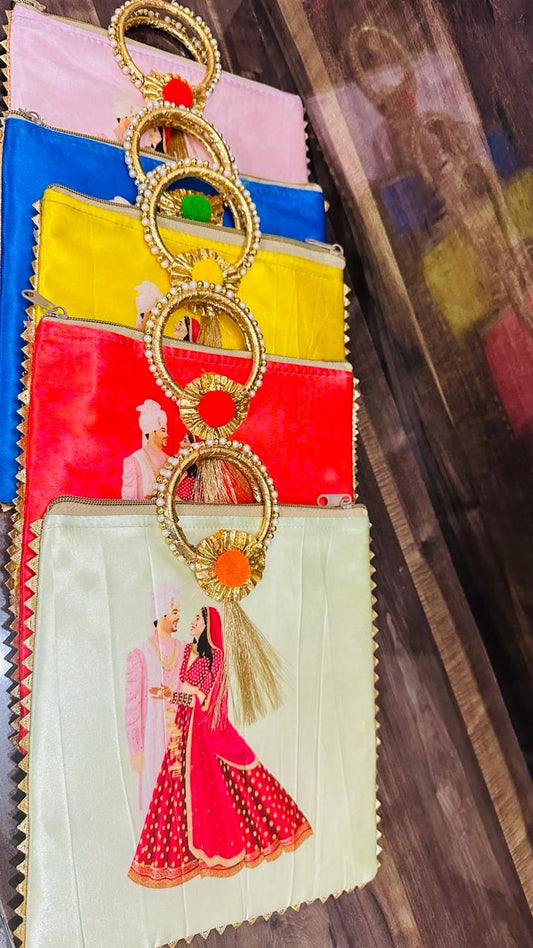 buy zip bags Multicolor Silk Zip Gift Bags with Indian Bride and Groom Print and Gold Ring Handle for Wedding Gifting in USA at MuruganDecors