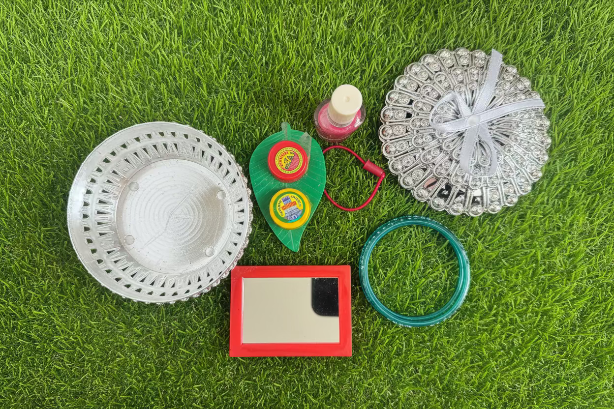Shop Sumangali pooja and Varalakshmi pooja set  including a silver metal bowl, a small red-framed mirror, glass bangles, a pink nail polish bottle, and a hair band and Haldi kumkum leaf set at Murugan Decors USA