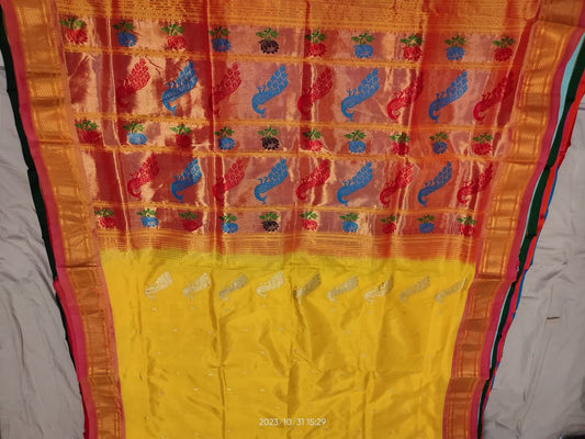 Yellow and  Color Yeola Pure Paithani Silk Saree — Traditional Maharashtrian Wedding ; Festive Saree (Copy)