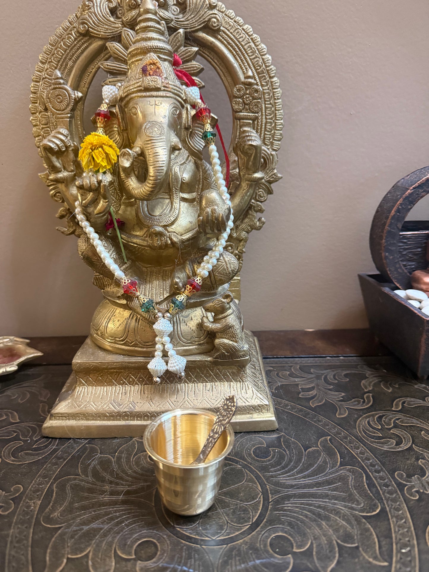Brass Panchapatra Tumbler & Spoon Set | 3"H x 2"W Tumbler with 3" Spoon | Traditional Pooja Achamanam Vessel for Hindu Rituals | USA-MuruganDecors