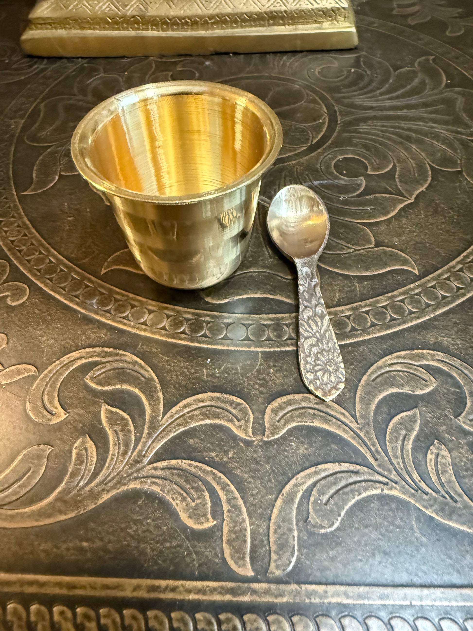 Shop brass Panchapatra Set tumbler with spoot 3 inch size for pooja favor and pooja festival return  gifts in USA at Murugan Decors 