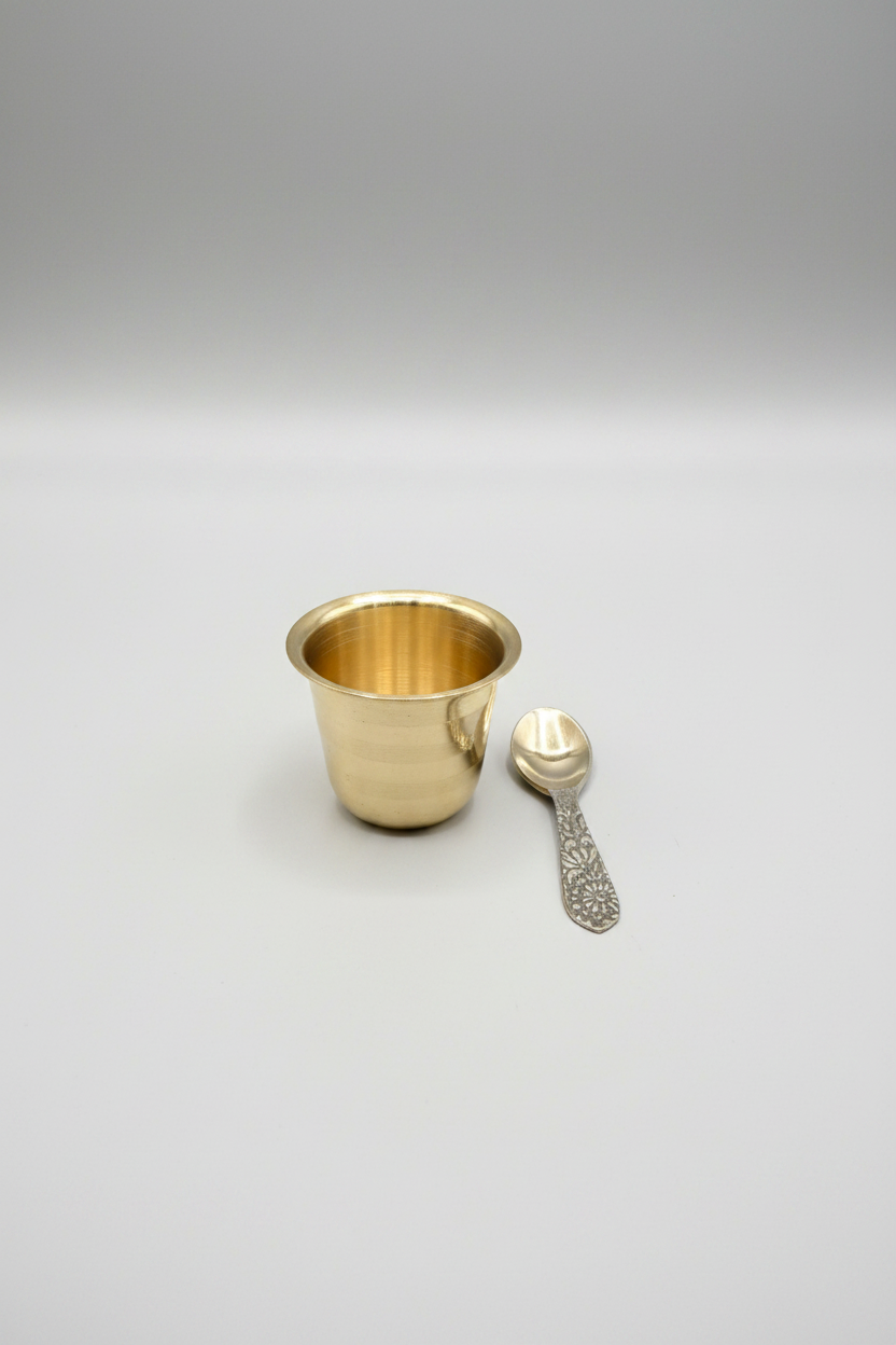 Brass Panchapatra Tumbler & Spoon Set | 3"H x 2"W Tumbler with 3" Spoon | Traditional Pooja Achamanam Vessel for Hindu Rituals | USA-MuruganDecors