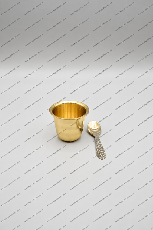 Brass Panchapatra Tumbler & Spoon Set | 3"H x 2"W Tumbler with 3" Spoon | Traditional Pooja Achamanam Vessel for Hindu Rituals | USA-MuruganDecors