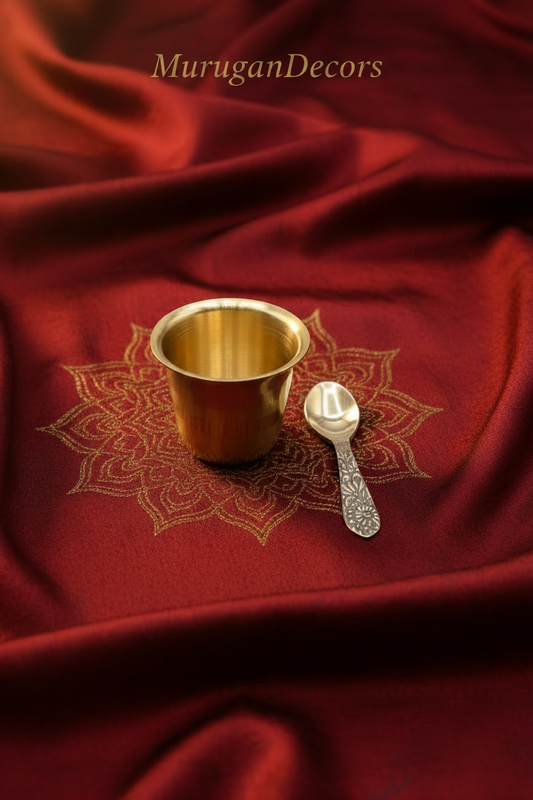 Brass Panchapatra Tumbler & Spoon Set | 3"H x 2"W Tumbler with 3" Spoon | Traditional Pooja Achamanam Vessel for Hindu Rituals | USA-MuruganDecors