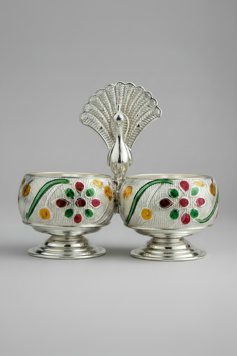 Shop a German Silver Peacock Haldi kumkum holder—handcrafted container for sacred vermilion powder, perfect for daily pooja, housewarming gifts online USA at MuruganDecors