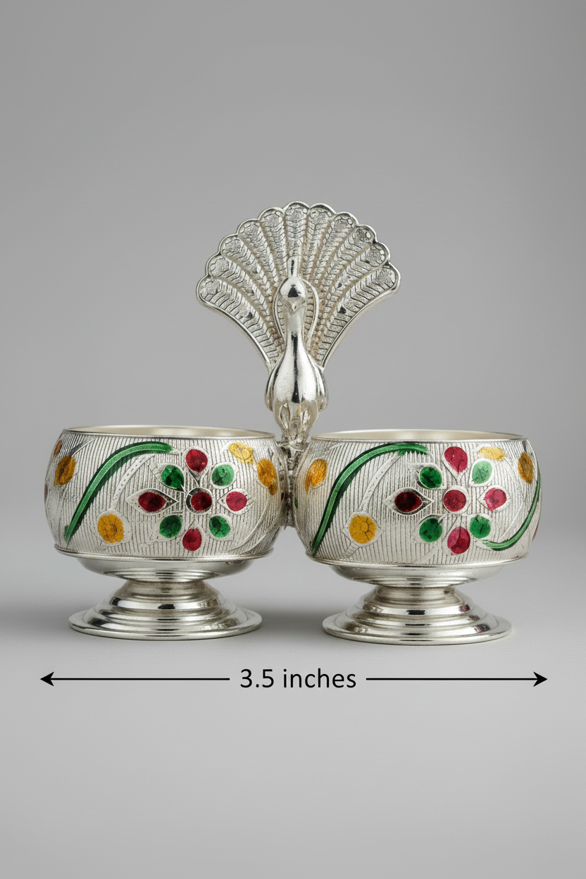 Shop a German Silver Peacock Haldi kumkum holder—handcrafted container for sacred vermilion powder, perfect for daily pooja, housewarming gifts online USA at MuruganDecors
